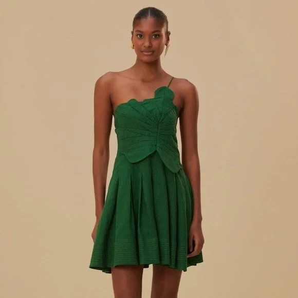 NWT Farm Rio Lea Linen Tropical Vacation Pleated One Shoulder Mini Dress Green - Picture 1 of 15